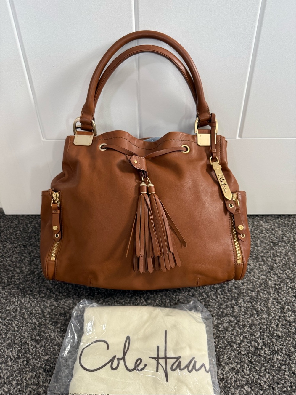 Cole Haan Cognac Leather Tassel Shoulder Bag